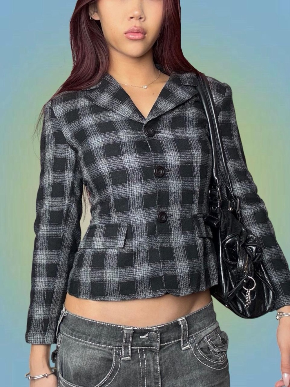 Tailored Black & Gray Plaid Blazer